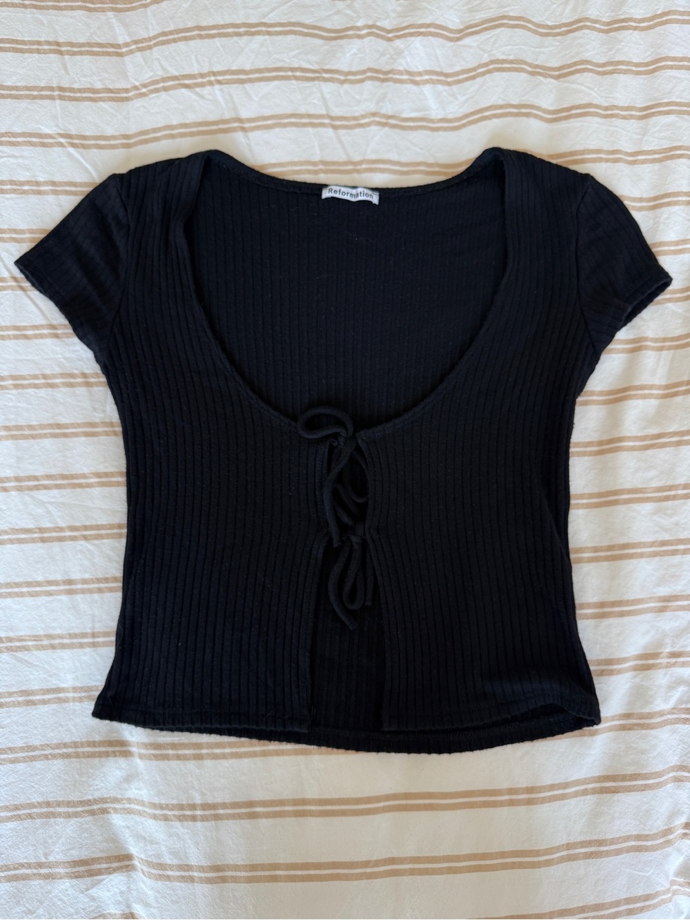 Reformation Black Ribbed Tie-Front Short Sleeve Crop Top